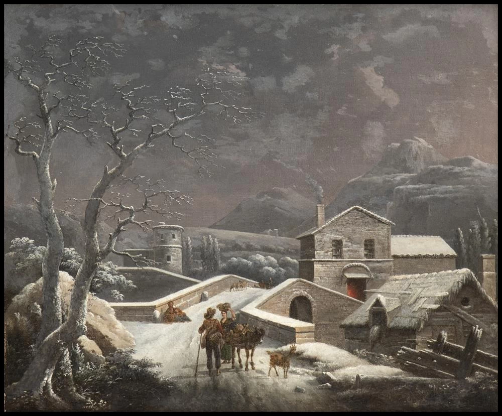 Paesaggio invernale con ponte, villaggio, mendicante e viaggiatori